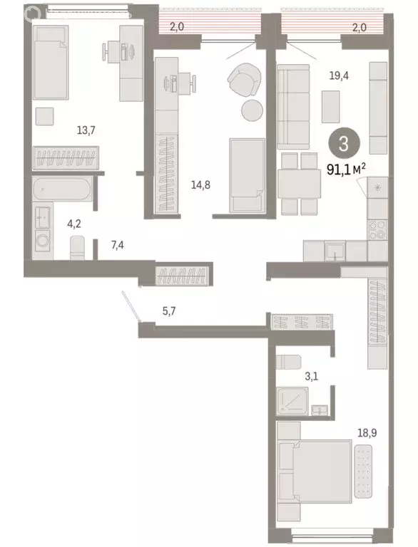 3-комнатная квартира: Новосибирск, Большевистская улица, с49 (91.06 м) - Фото 1