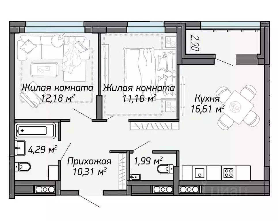 2-к кв. Марий Эл, Йошкар-Ола Два Капитана жилой комплекс (58.74 м) - Фото 1