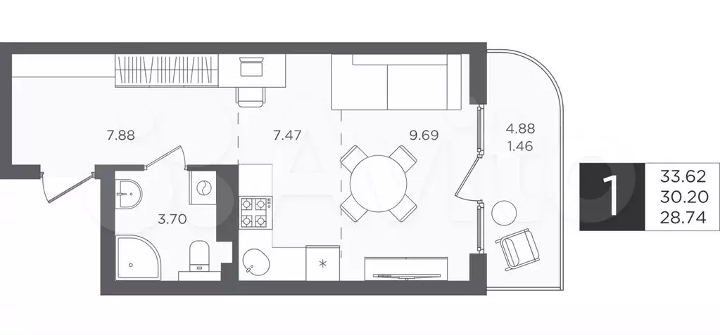 1-к. квартира, 33,6 м, 3/4 эт. - Фото 1