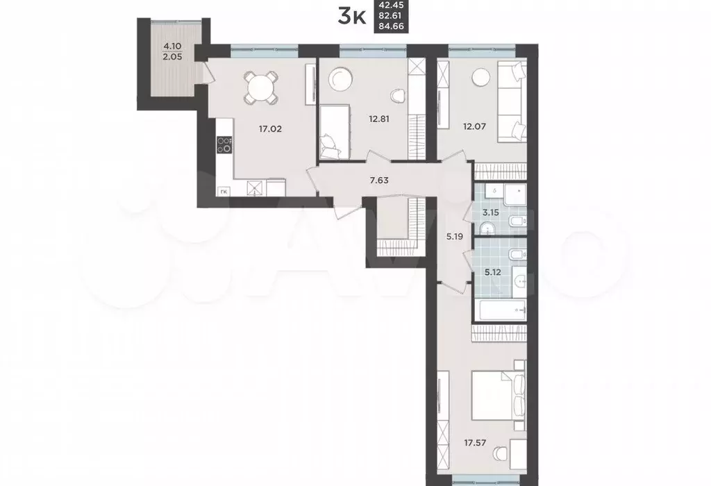 3-к. квартира, 82,6 м, 3/9 эт. - Фото 1