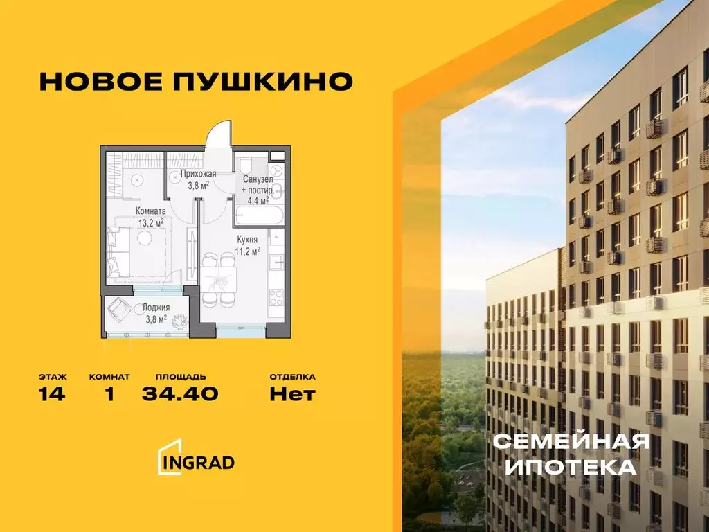 1-к кв. Московская область, Пушкино Новое Пушкино мкр, к23 (34.4 м) - Фото 0