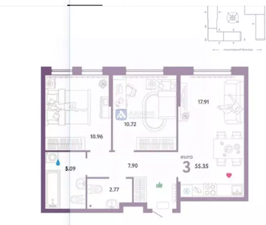 3-к кв. Тюменская область, Тюмень Харьковская ул., 76 (55.35 м) - Фото 2