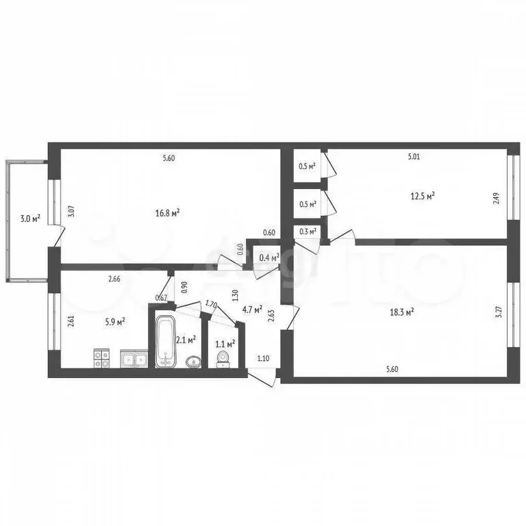 3-к. квартира, 63,1 м, 4/5 эт. - Фото 0