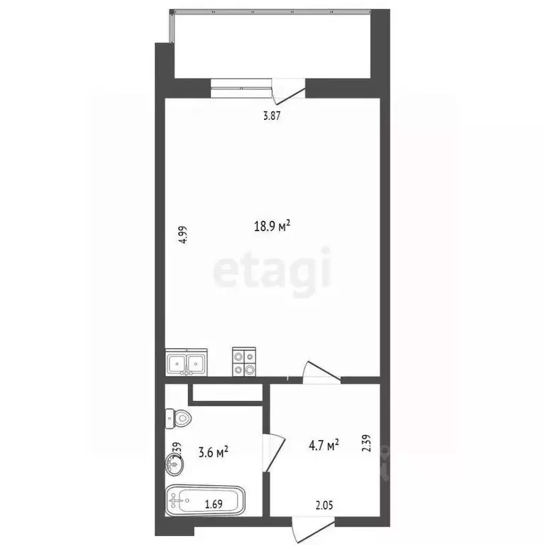 Студия Тюменская область, Тюмень ул. 2-я Луговая, 22к1 (27.7 м) - Фото 2