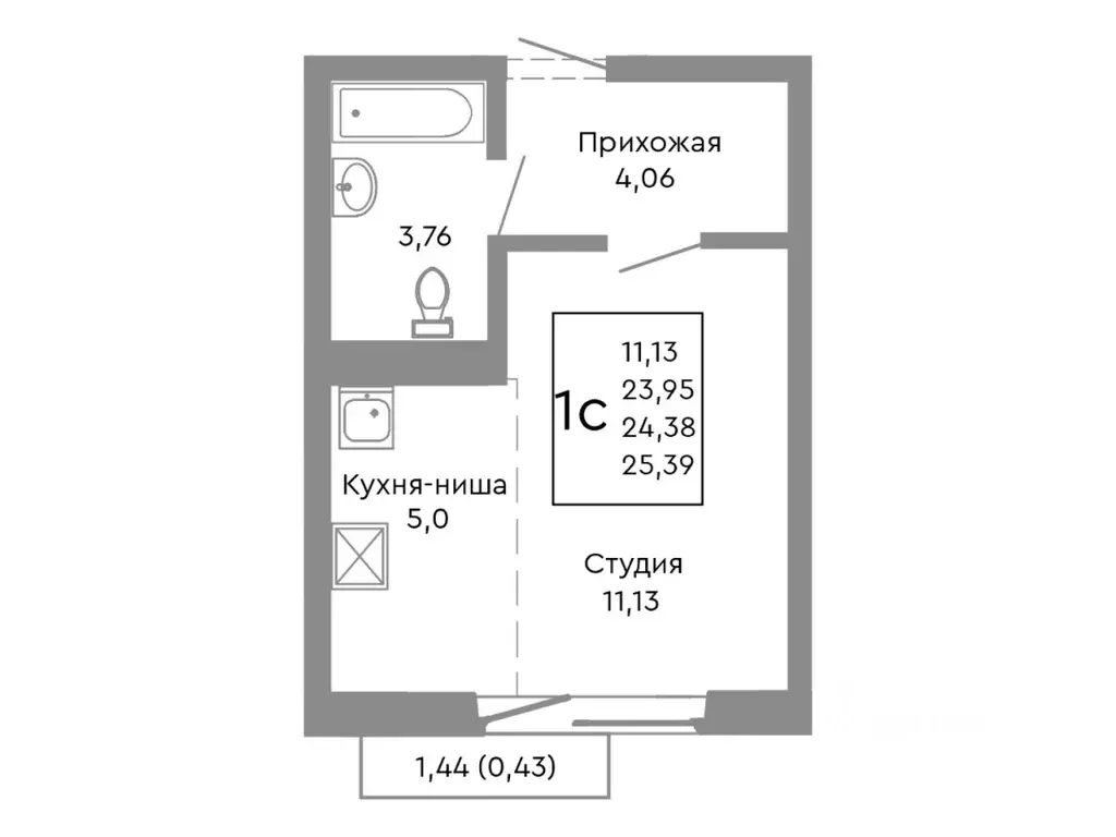 Студия Челябинская область, Челябинск Нефтебазовая ул., 1-13 (24.38 м) - Фото 1