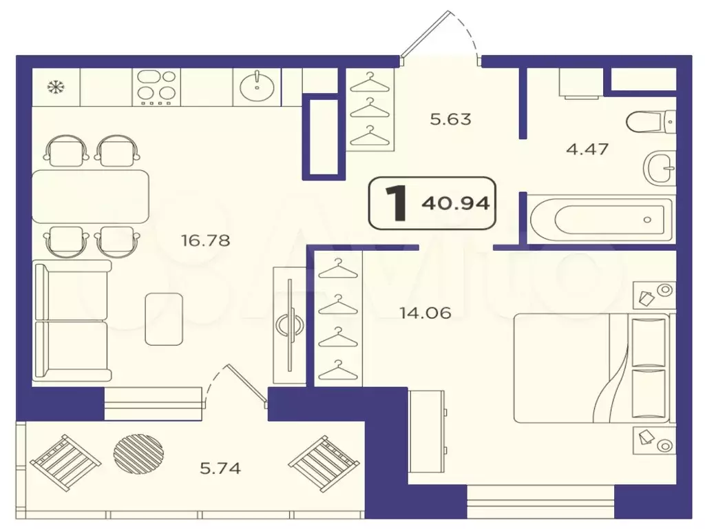 1-к. квартира, 40,9 м, 23/23 эт. - Фото 1