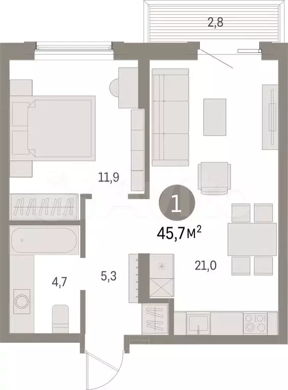 1-к. квартира, 45,7 м, 9/15 эт. - Фото 1