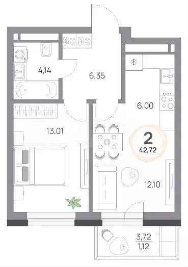 2-к. квартира, 42,7 м, 7/9 эт. - Фото 0