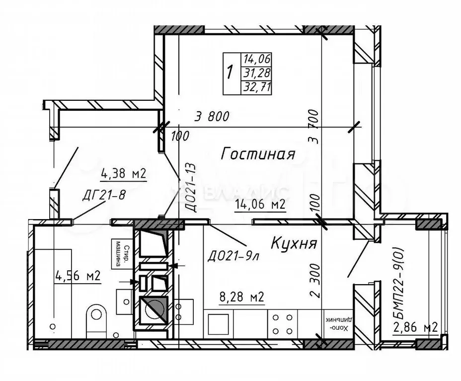 1-к. квартира, 32,7 м, 7/9 эт. - Фото 0