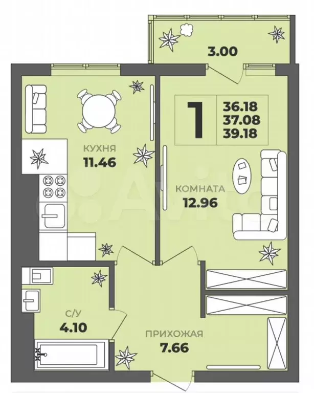 1-к. квартира, 37,1 м, 4/8 эт. - Фото 1