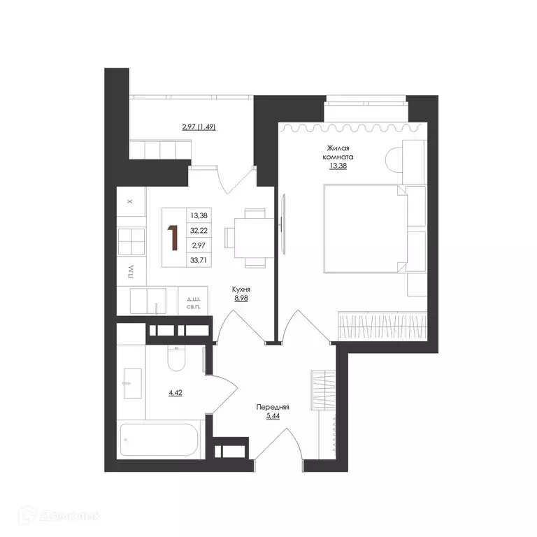 Продаётся 1-к квартира, 33.71 м - Фото 0