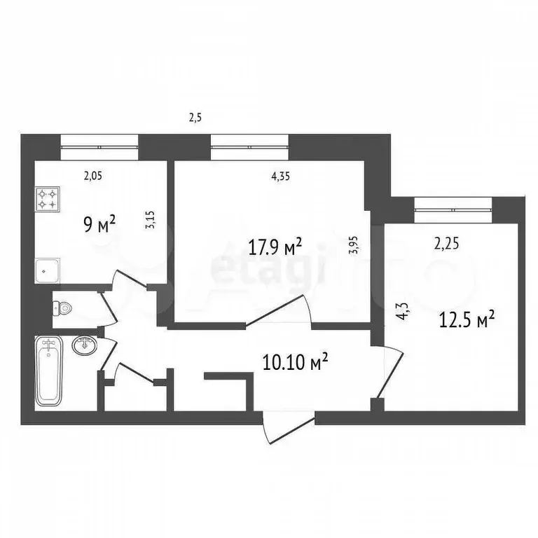 2-к. квартира, 53 м, 1/10 эт. - Фото 1