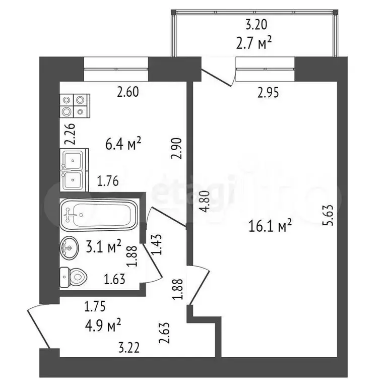 1-к. квартира, 30,5 м, 5/5 эт. - Фото 1