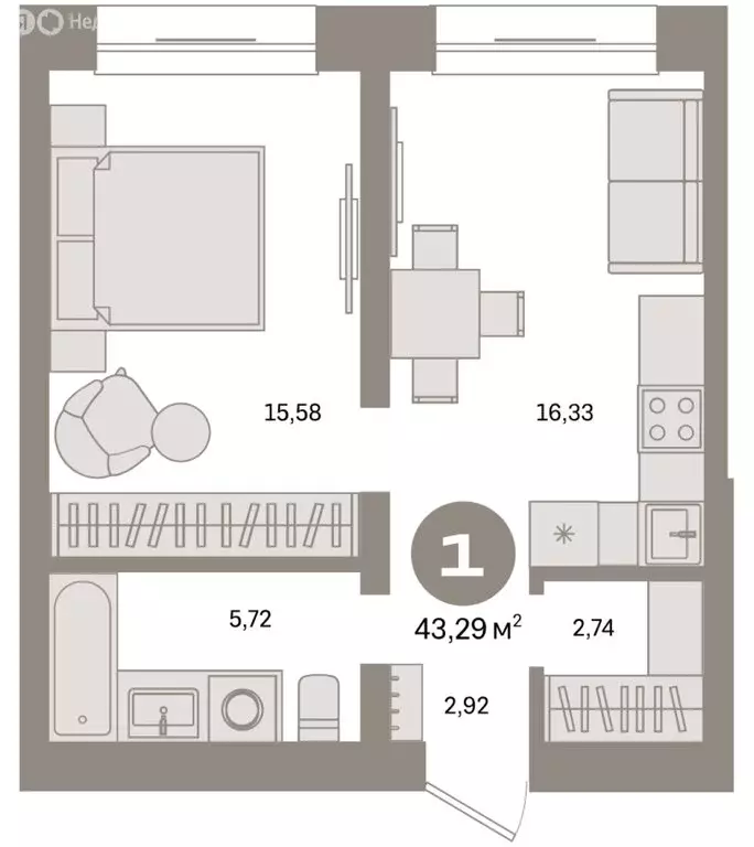 1-комнатная квартира: Тюмень, Причальная улица, 7 (43.29 м) - Фото 1