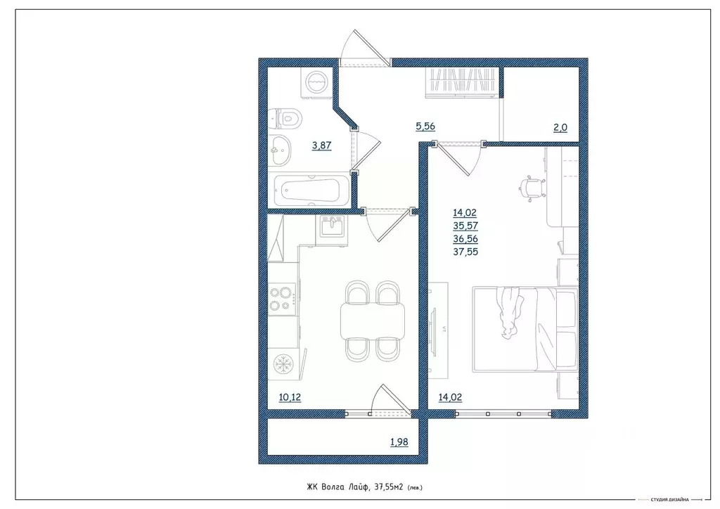 1-к кв. Тверская область, Тверь Новочеркасская ул., 49 (37.55 м) - Фото 2