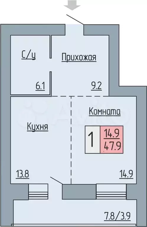 1-к. квартира, 47,9 м, 1/17 эт. - Фото 0