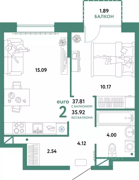 2-к кв. Тюменская область, Тюмень Интернациональная ул., 199к10 (37.81 ... - Фото 1