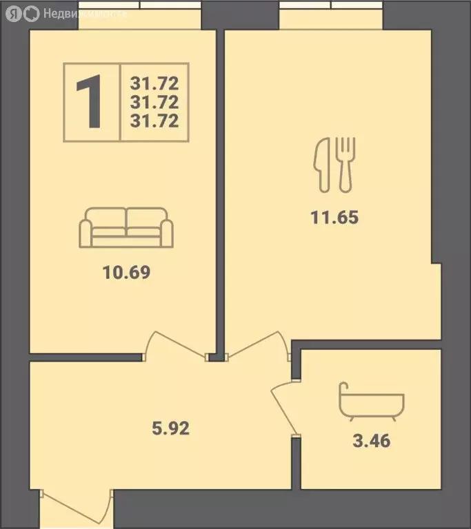 1-комнатная квартира: Пионерский, улица Гептнера, 15 (31.72 м) - Фото 0