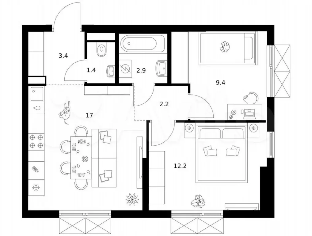 2-к. квартира, 48,5 м, 8/24 эт. - Фото 0
