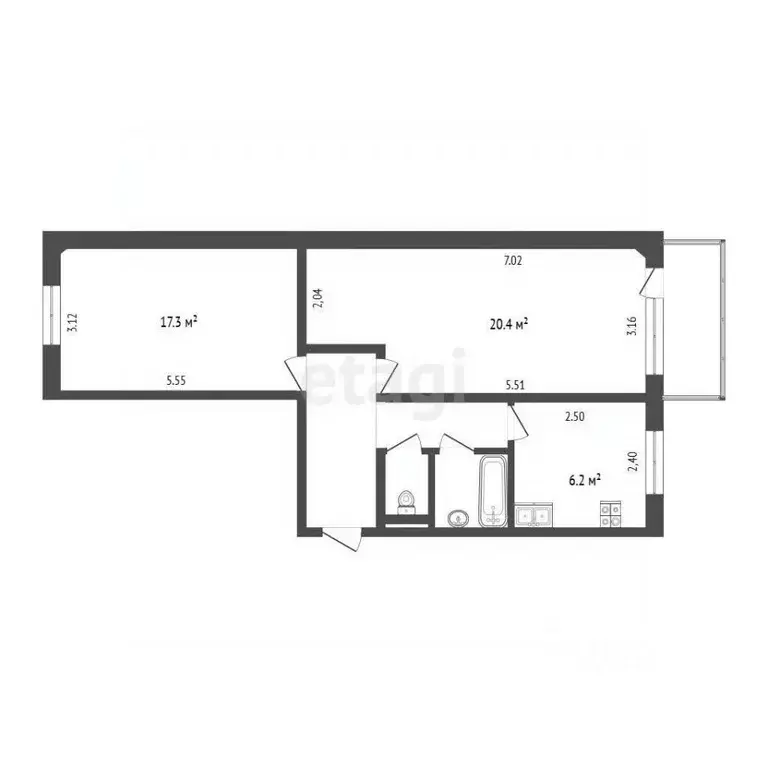 2-к кв. Белгородская область, Белгород ул. Мокроусова, 7 (47.8 м) - Фото 2