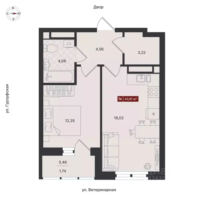 1-к кв. Свердловская область, Екатеринбург ул. Ветеринарная (44.25 м) - Фото 0