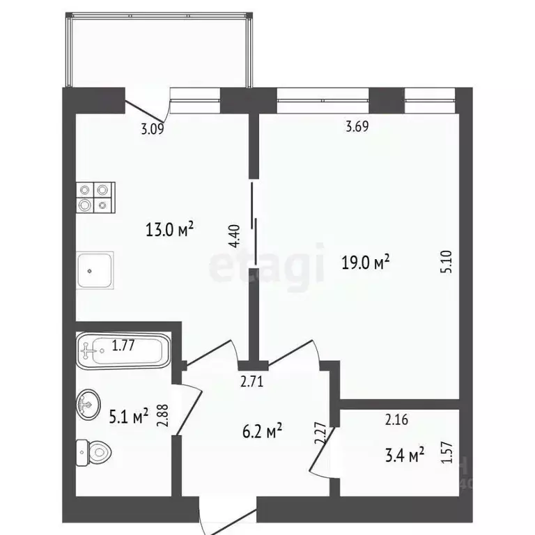 1-к кв. Тюменская область, Тюмень ул. 50 лет Октября, 75к4 (44.8 м) - Фото 2