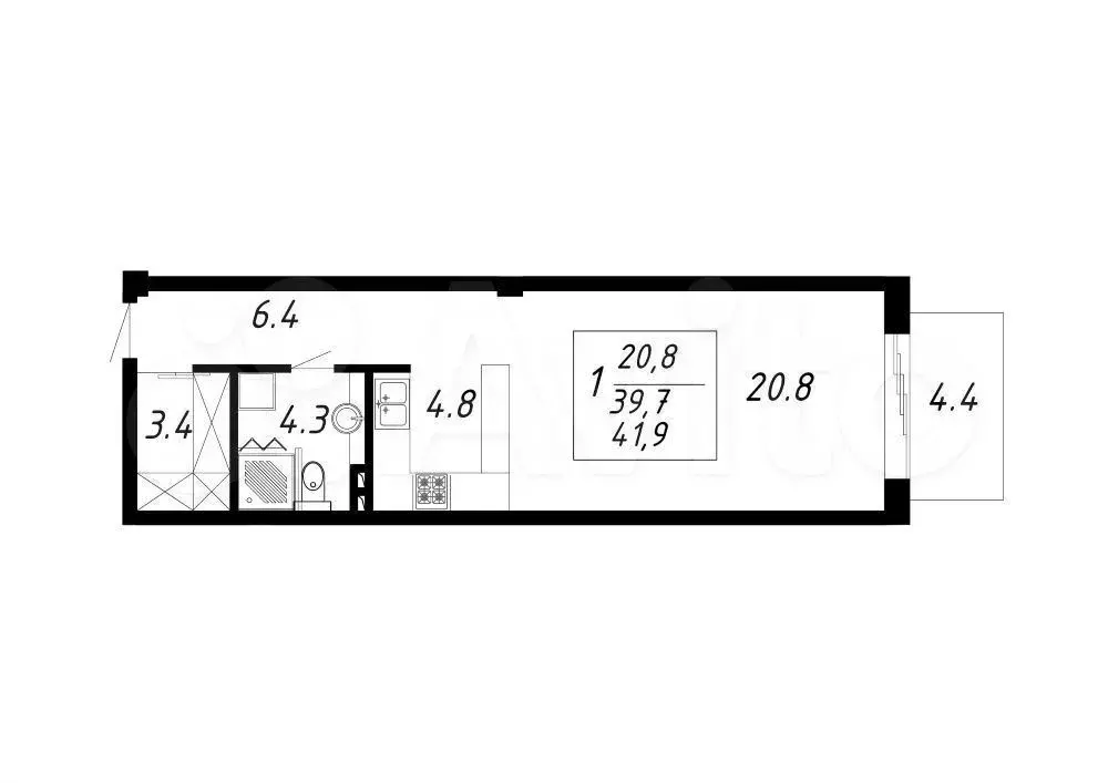 1-к. квартира, 41,9 м, 5/8 эт. - Фото 0