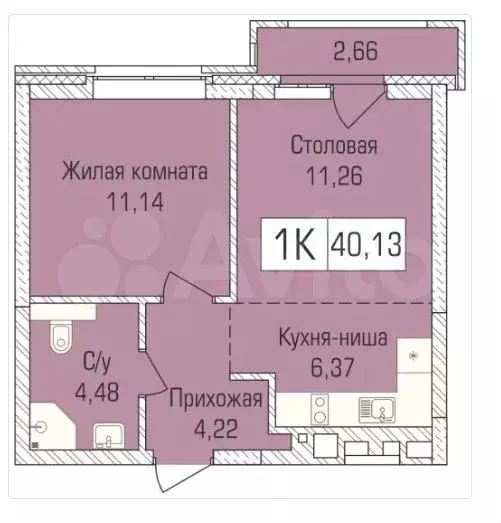 1-к. квартира, 40,1 м, 1/5 эт. - Фото 0