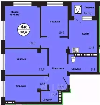 4-к кв. Красноярский край, Красноярск ул. Лесников, 51Б (90.6 м) - Фото 1