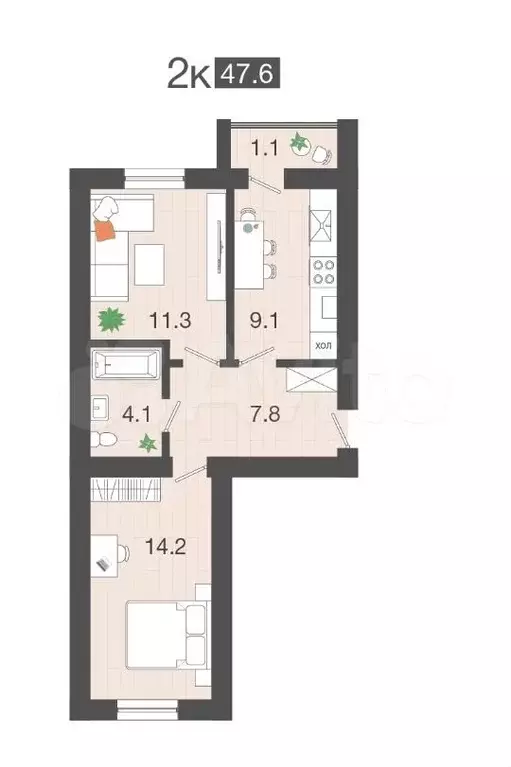 2-к. квартира, 47,6 м, 3/4 эт. - Фото 1