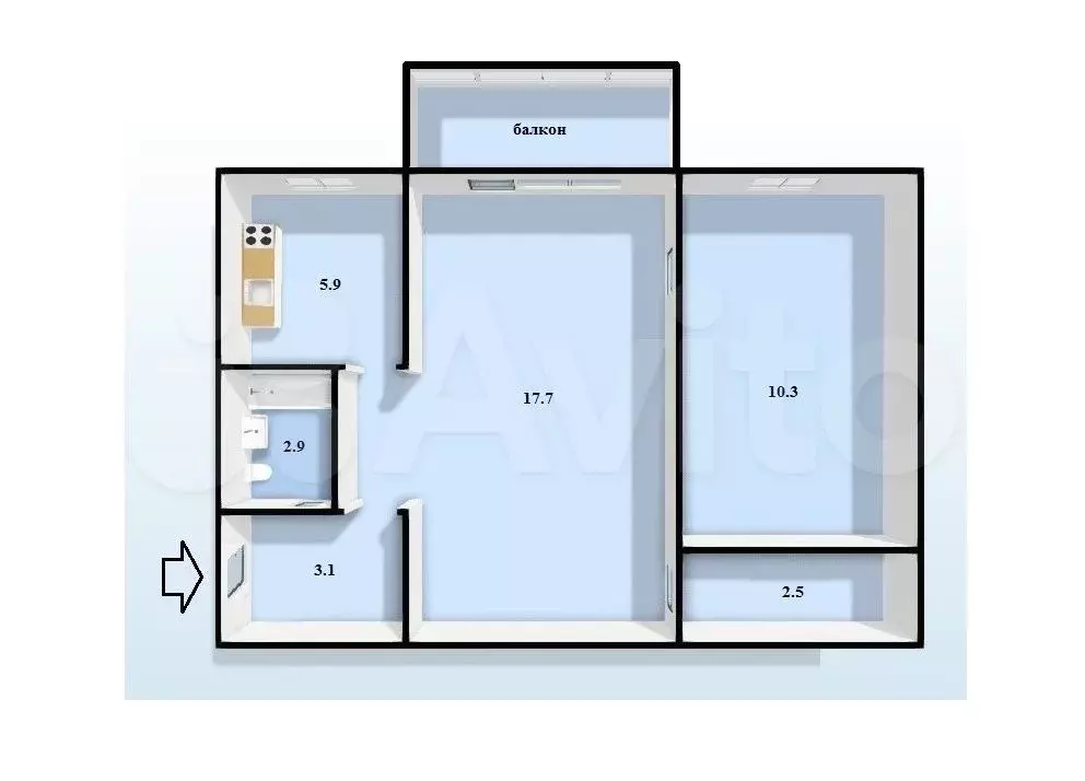 2-к. квартира, 42,4 м, 5/5 эт. - Фото 0