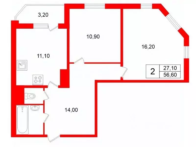 2-к кв. Санкт-Петербург Народная ул., 53к3 (56.6 м) - Фото 1