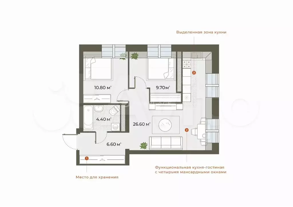 2-к. квартира, 58,1 м, 6/6 эт. - Фото 0