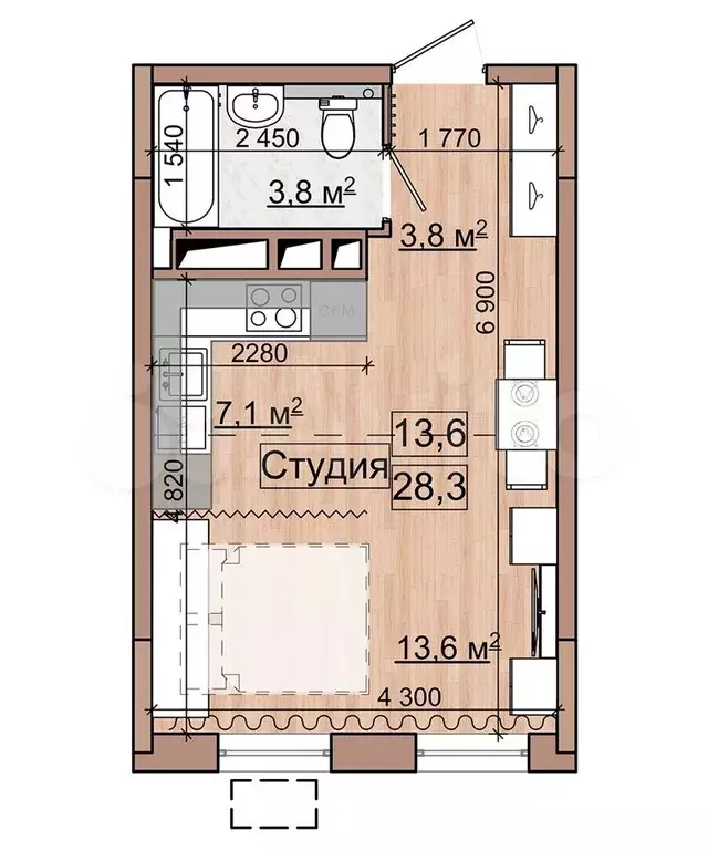 Квартира-студия, 28,3 м, 3/18 эт. - Фото 0