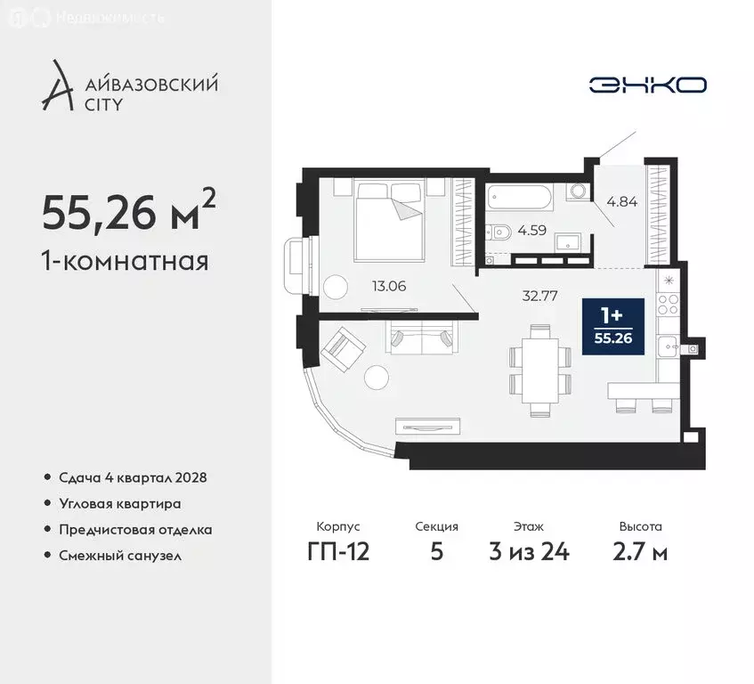 1-комнатная квартира: Тюмень, ЖК Айвазовский Сити (55.26 м) - Фото 1