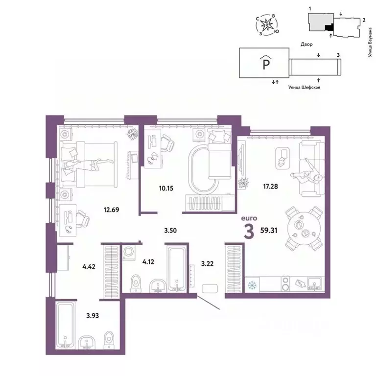 3-к кв. Свердловская область, Екатеринбург ул. Шефская, 22А (59.31 м) - Фото 1