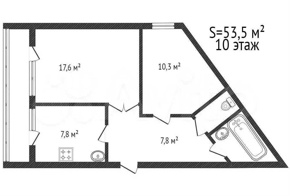 2-к. квартира, 53,5 м, 10/12 эт. - Фото 0