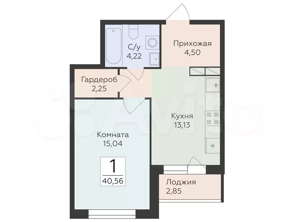 1-к. квартира, 40,6 м, 2/14 эт. - Фото 0