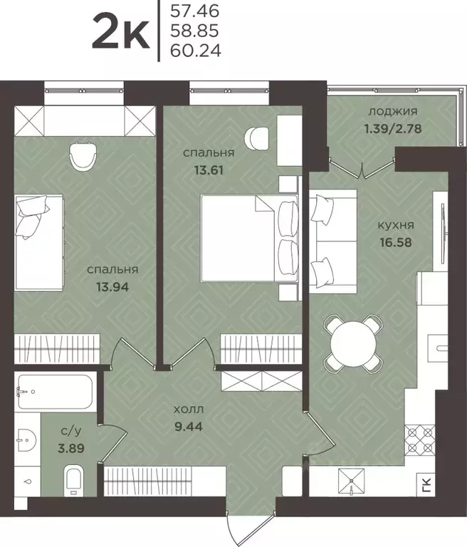 2-к кв. Калининградская область, Гурьевск  (58.85 м) - Фото 1
