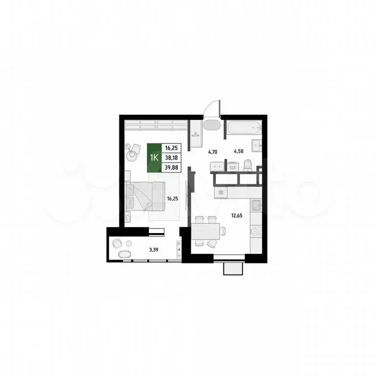 1-к. квартира, 39,9 м, 4/8 эт. - Фото 0