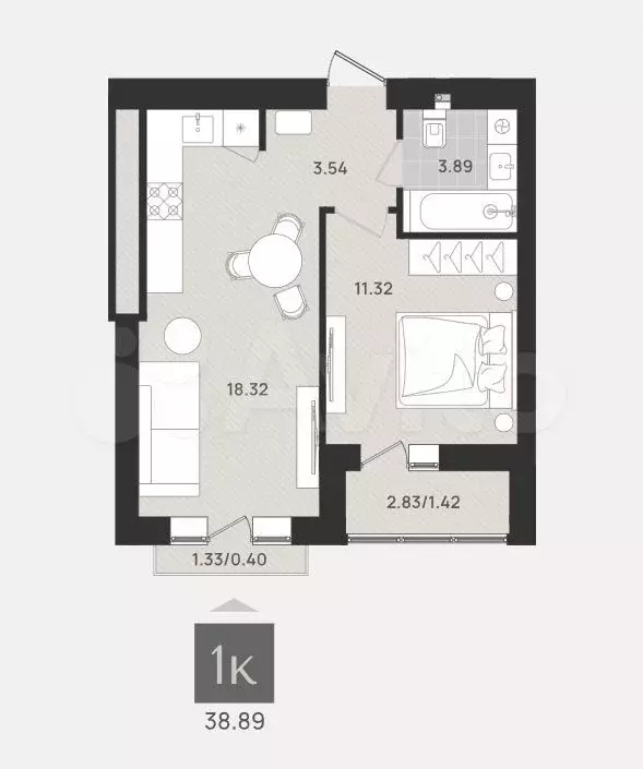1-к. квартира, 38,9 м, 9/9 эт. - Фото 1
