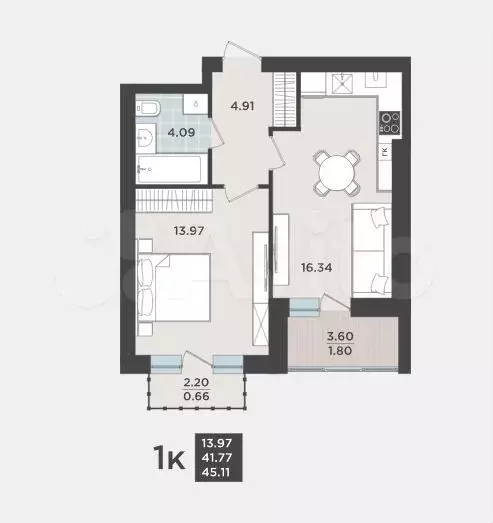 1-к. квартира, 45,1 м, 8/9 эт. - Фото 1