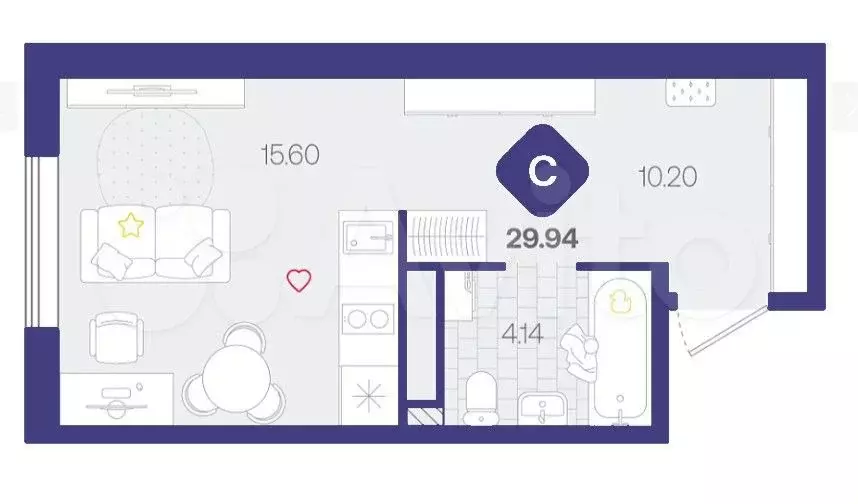 Квартира-студия, 29,9 м, 3/17 эт. - Фото 1