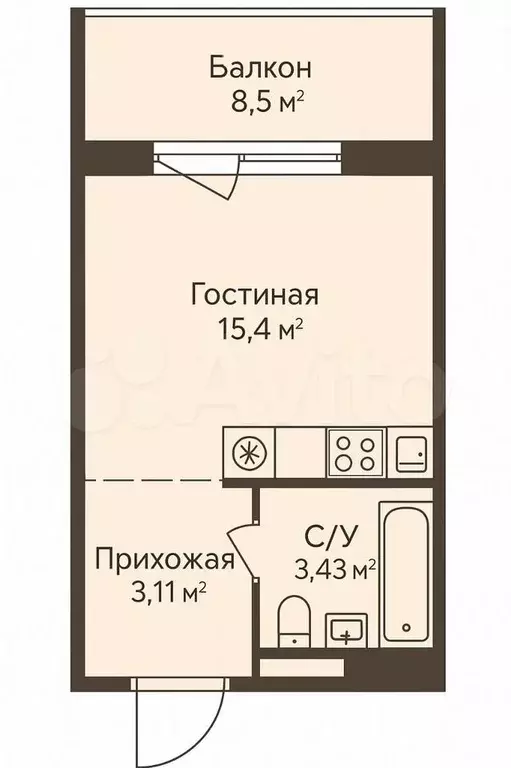 Квартира-студия, 27,9 м, 1/6 эт. - Фото 0