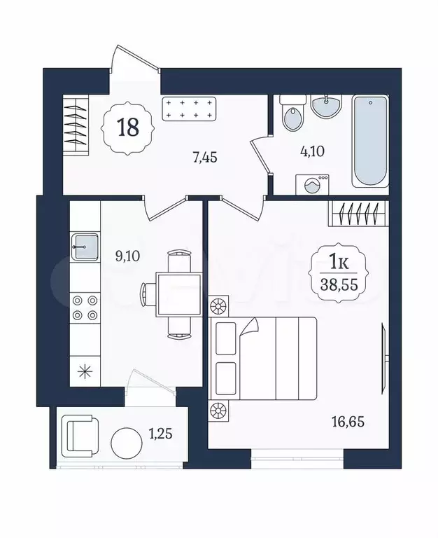 1-к. квартира, 38,6 м, 5/9 эт. - Фото 1