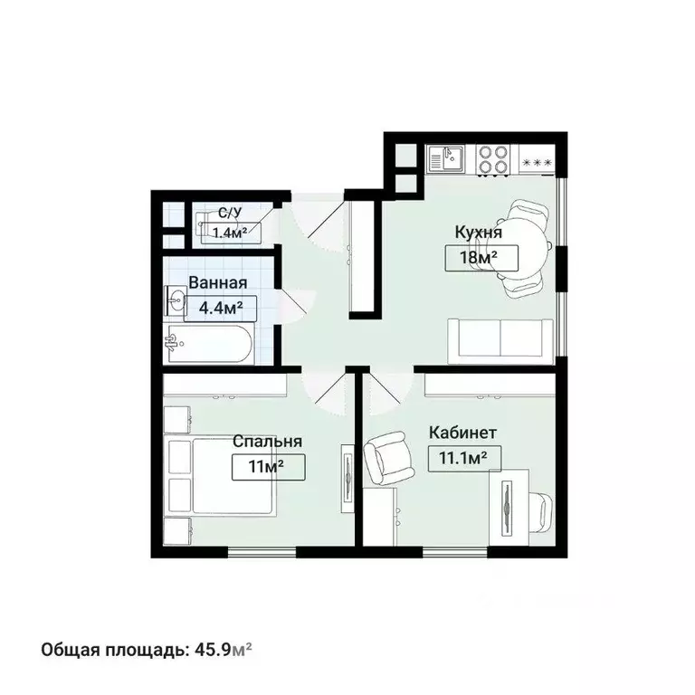 Квартира, 2 комнаты, 45.8 м - Фото 1