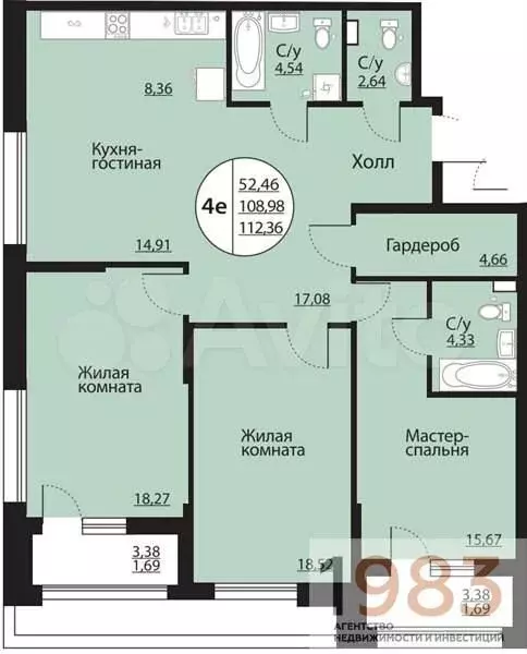 3-к. квартира, 112,4 м, 2/24 эт. - Фото 0