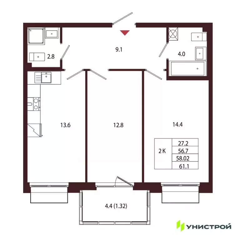 Квартира, 2 комнаты, 58.02 м - Фото 1
