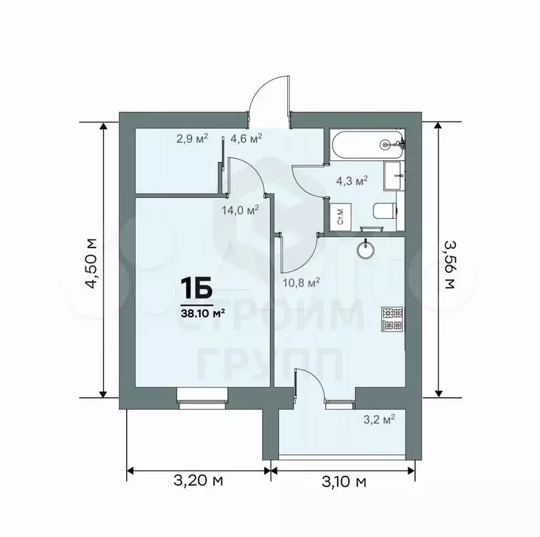 1-к. квартира, 38,1 м, 3/9 эт. - Фото 1