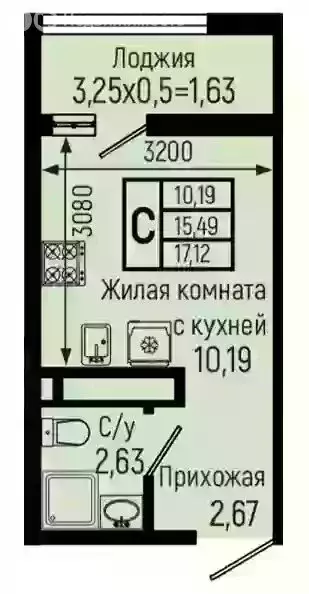 Квартира-студия: село Небуг, Спортивная улица (17.12 м) - Фото 1